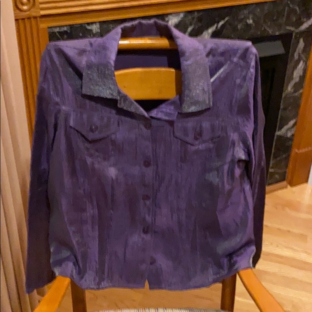 Button down purple iridescent shirt.